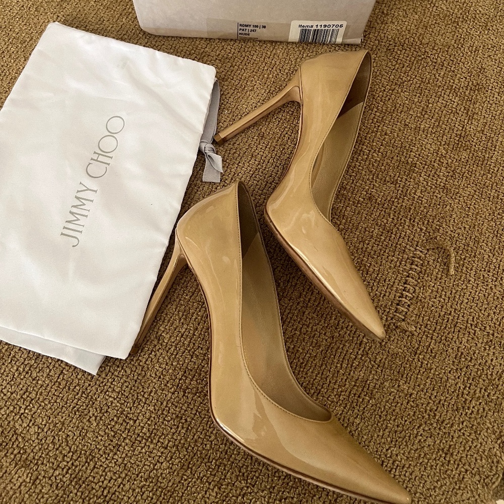 Jimmy Choo Romy 100 Shoes Nude High Heels Patent Leather Pointed Toe Sz 38